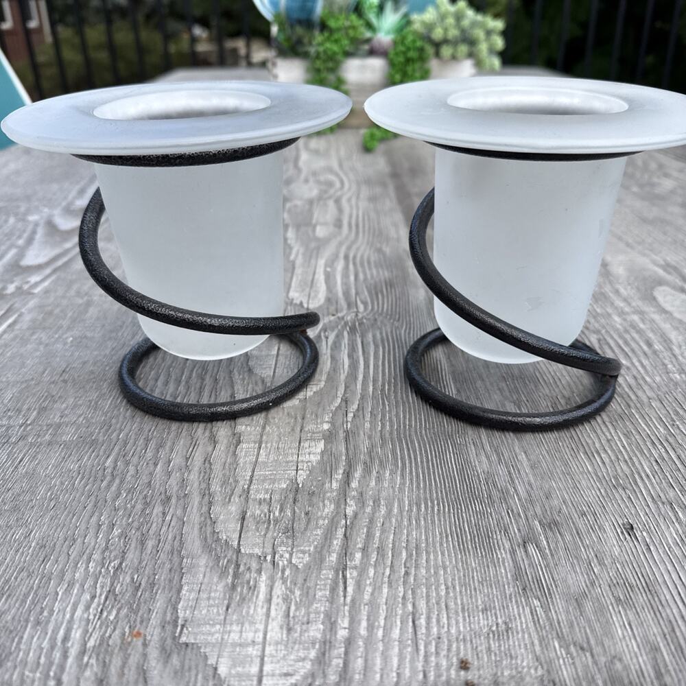 Pair Of Wrought Iron Decorative Candle Holders Frosted Glass